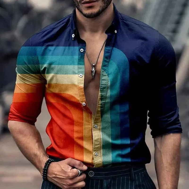 Men's Retro Casual Rainbow Stripe Print Shirt 22970819TO sold by Manly product image thumbnail 3