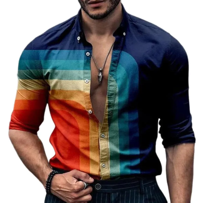 Men's Retro Casual Rainbow Stripe Print Shirt 22970819TO sold by Manly