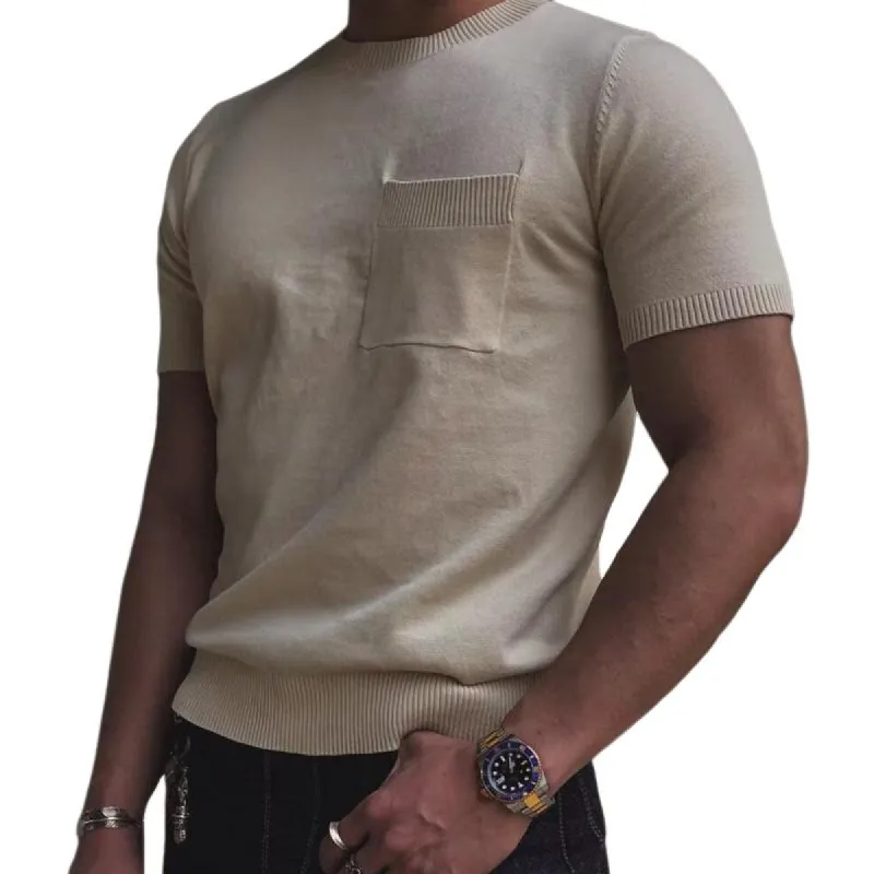 Men's Solid Knitted Round Neck Breast Pocket Short Sleeve T-shirt 32296706Z sold by Manly