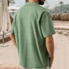 Men's Casual Solid Color Cuban Collar Multi-Pocket Short Sleeve Shirt 80419561Y sold by Manly