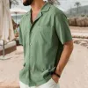 Men's Casual Solid Color Cuban Collar Multi-Pocket Short Sleeve Shirt 80419561Y sold by Manly