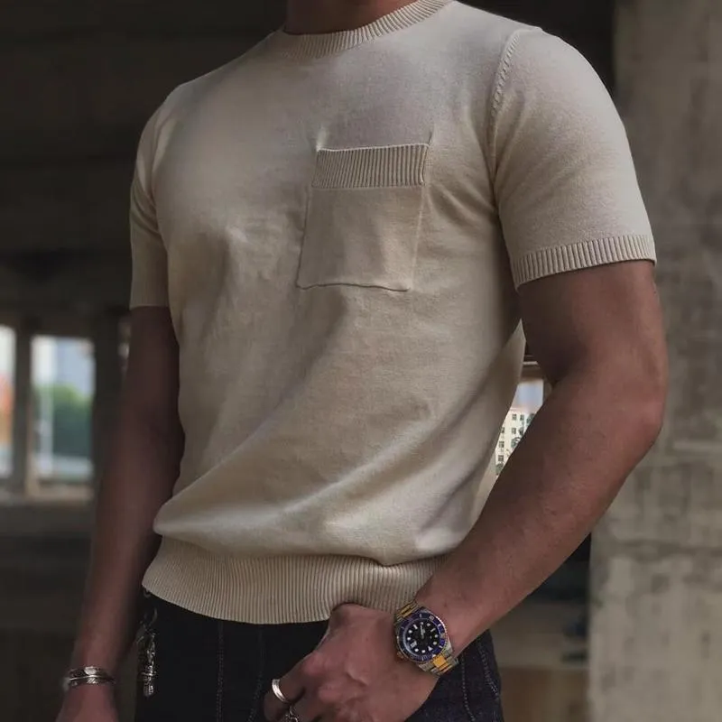 Men's Solid Knitted Round Neck Breast Pocket Short Sleeve T-shirt 32296706Z sold by Manly product image thumbnail 3