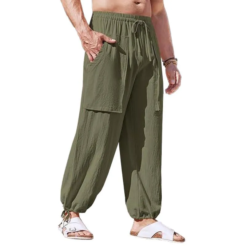 Men's Casual Cotton and Linen Loose Elastic Waist Beach Pants 12874430M sold by Manly