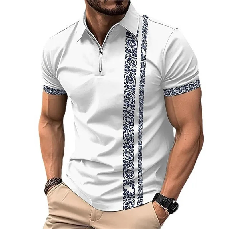 Men's Casual Printed Zipper Short Sleeve Polo Shirt 69618702Y sold by Manly