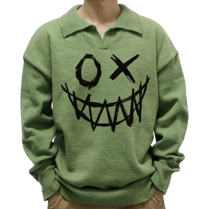 Men's Casual Polo Collar Funny Smiley Print Long Sleeve Pullover Sweater 07235725M sold by Manly