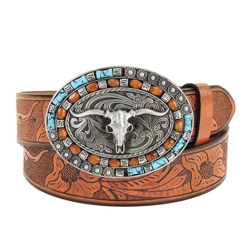 Men's Vintage Embossed Western Cowhide Leather Belt 83232677Y sold by Manly