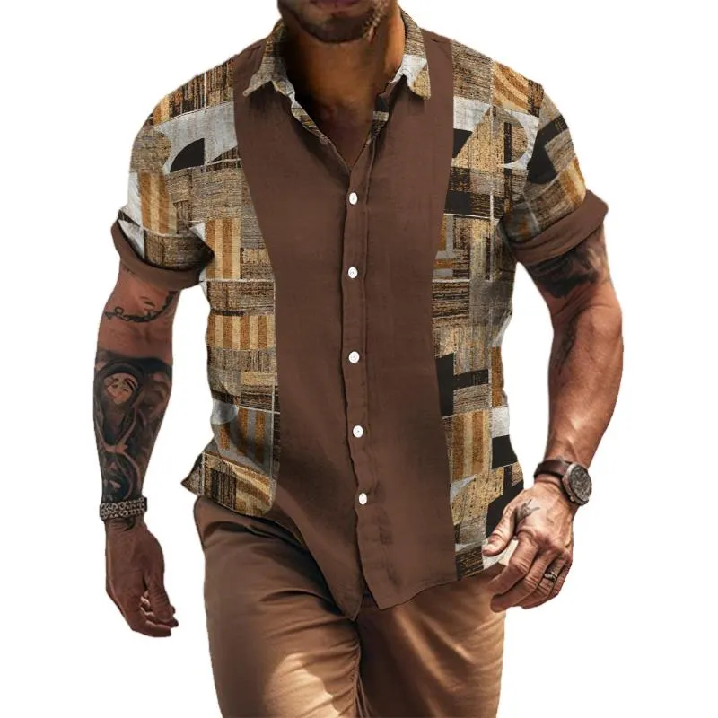 Men's Retro Ethnic Color Block Lapel Short Sleeve Shirt 50880213TO sold by Manly