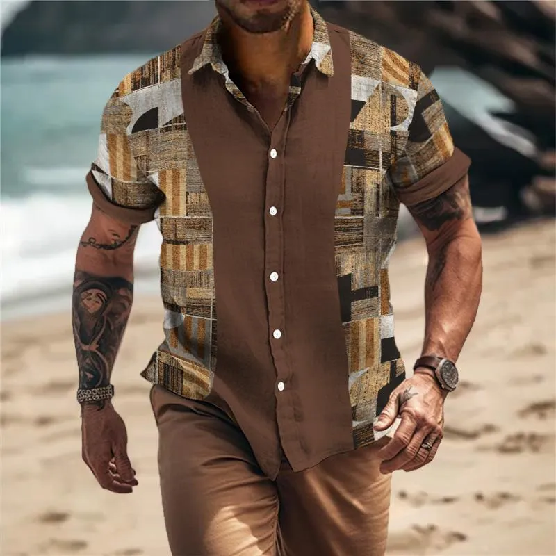 Men's Retro Ethnic Color Block Lapel Short Sleeve Shirt 50880213TO sold by Manly product image thumbnail 2