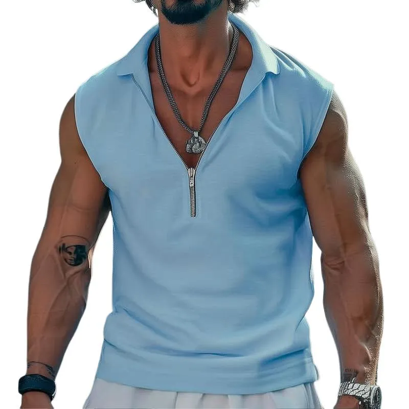Men's Solid Zip Lapel Sleeveless Tank Top 97925467Z sold by Manly