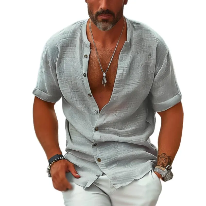 Men's Cotton And Linen Round Neck Single-Breasted Short-Sleeved Shirt 93923525Y made by Manly