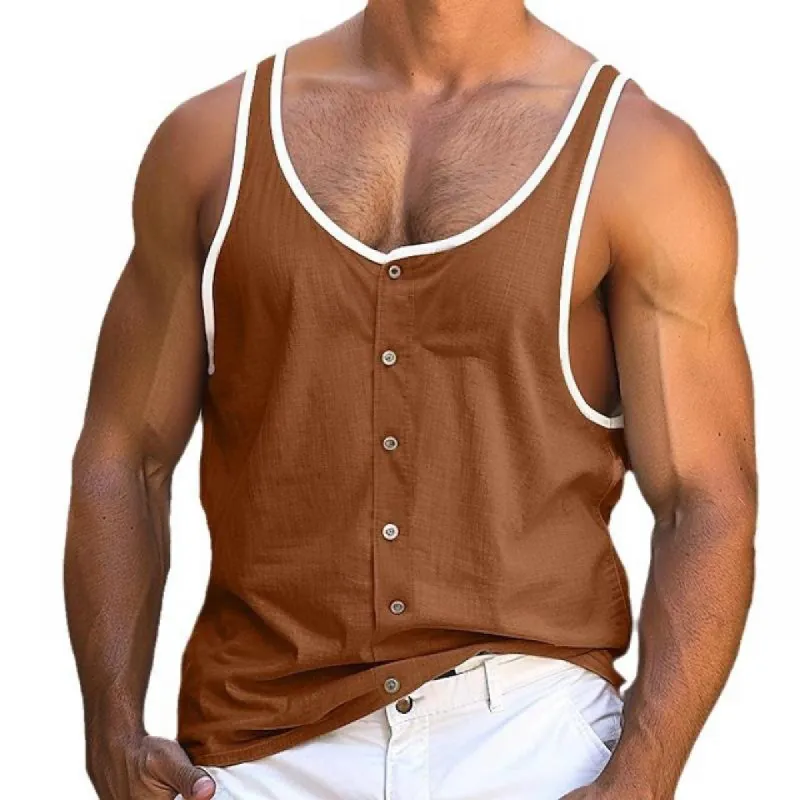 Men's Casual U-Neck Button Colorblock Tank Top 00320295M sold by Manly
