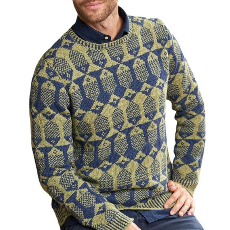Men's Round Neck Jacquard Long Sleeve Knit Sweater 93876556M sold by Manly