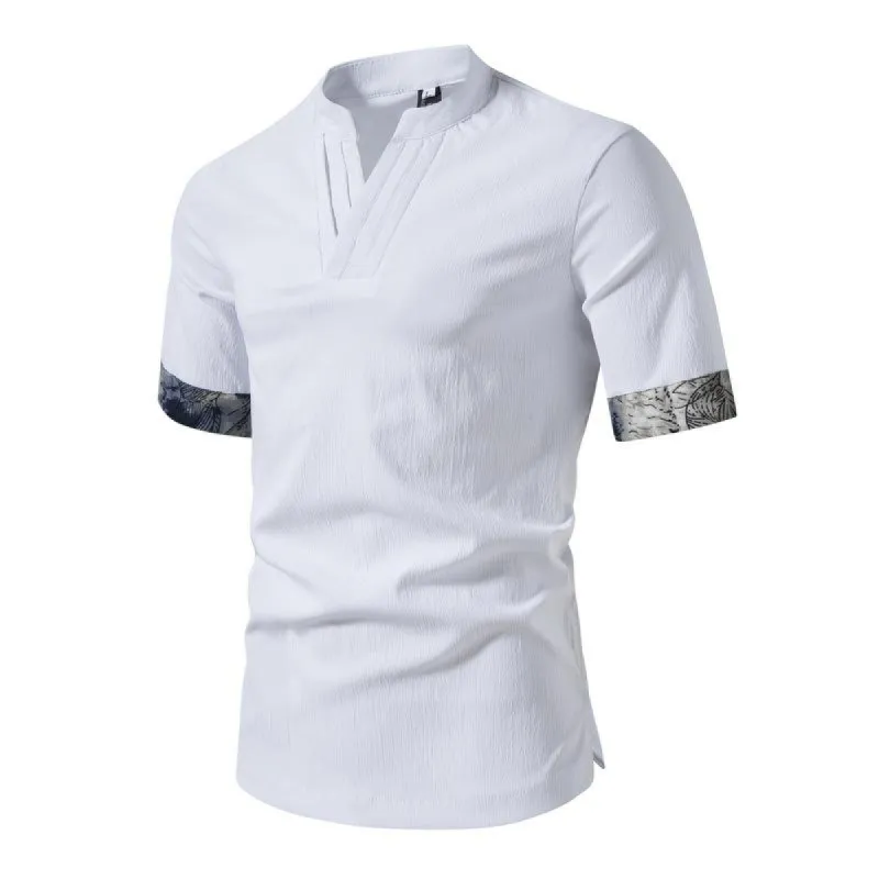 Men's Casual Short-sleeved Stand-up Collar Color Block Shirt 13181895X sold by Manly