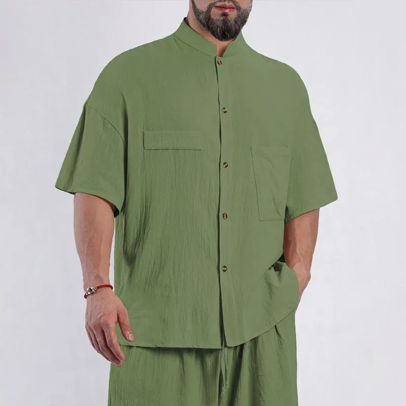 Men's Solid Color Cotton And Linen Stand Collar Short Sleeve Casual Shirt 92105565Z sold by Manly product image thumbnail 2