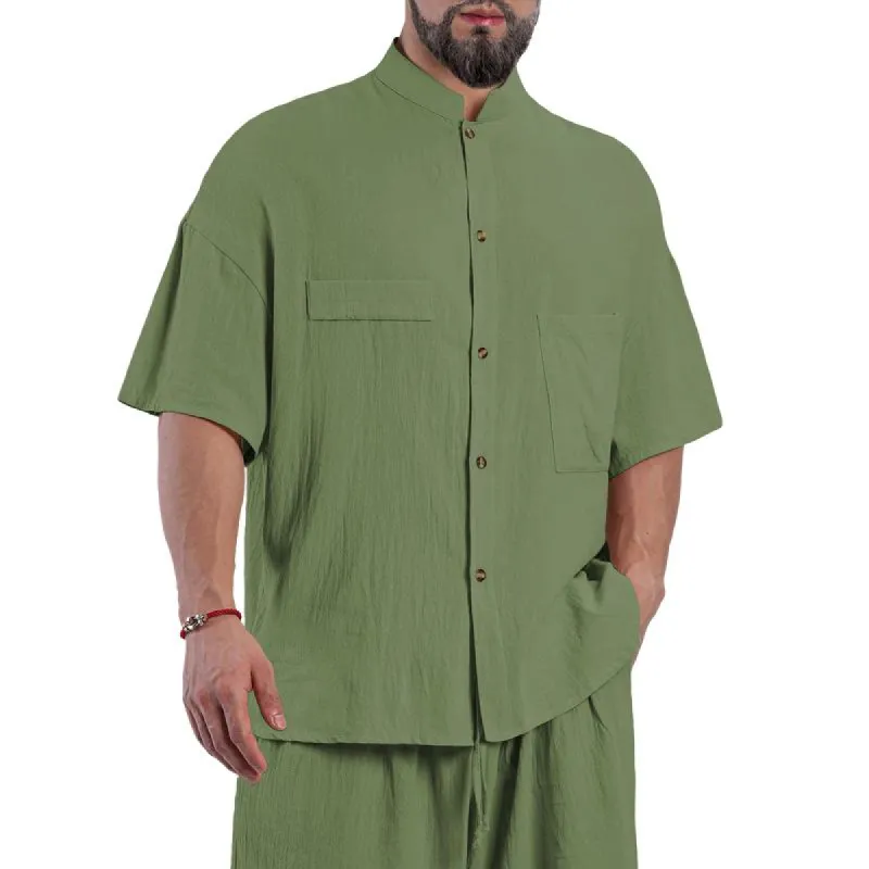 Men's Solid Color Cotton And Linen Stand Collar Short Sleeve Casual Shirt 92105565Z sold by Manly