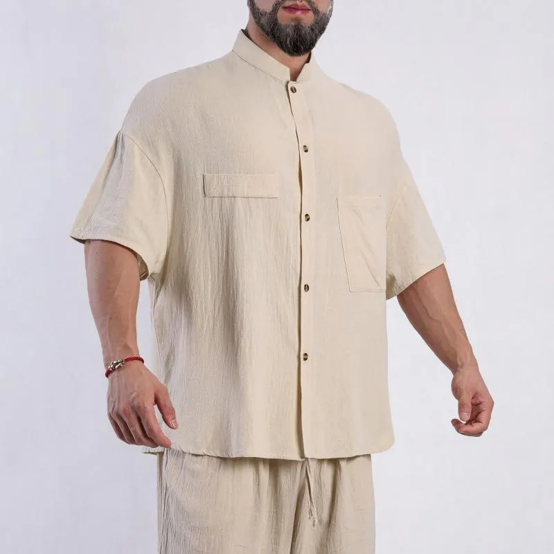 Men's Solid Color Cotton And Linen Stand Collar Short Sleeve Casual Shirt 92105565Z sold by Manly product image thumbnail 4