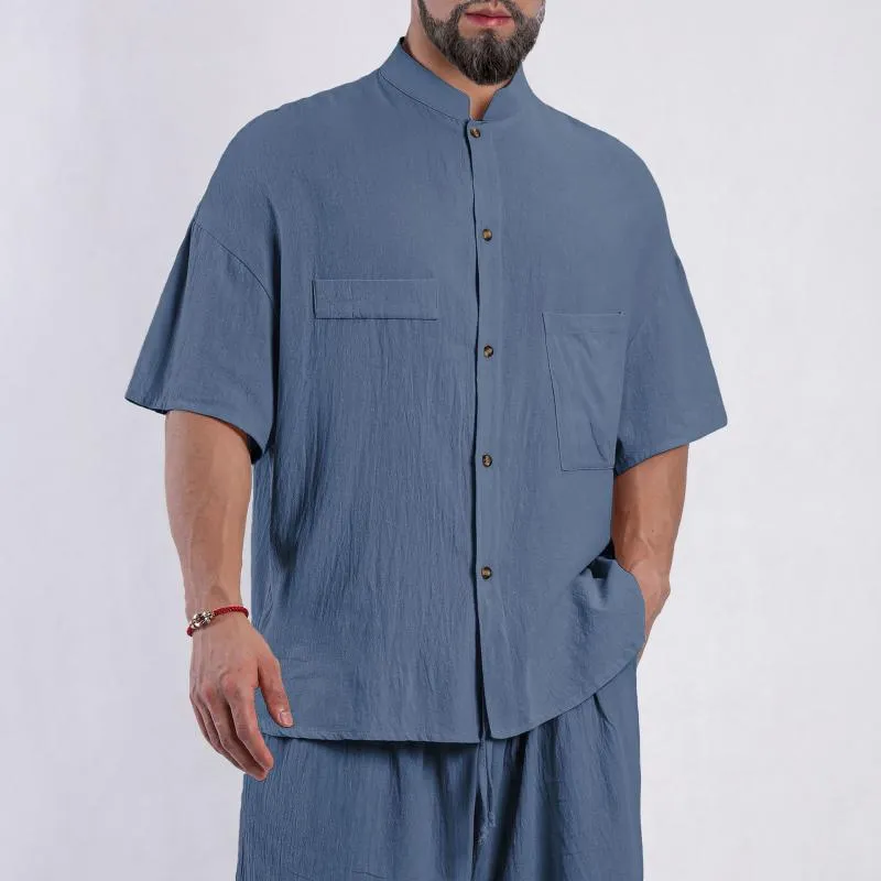 Men's Solid Color Cotton And Linen Stand Collar Short Sleeve Casual Shirt 92105565Z sold by Manly product image thumbnail 5