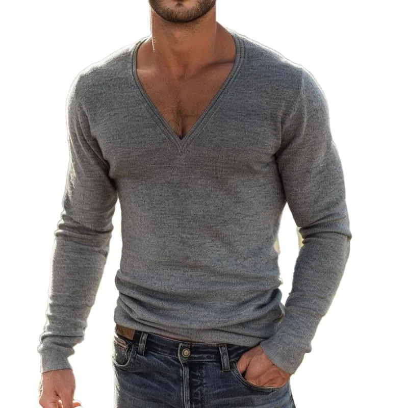 Men's Solid Color V-neck Knitted Long-sleeved Pullover Sweater 22305296X sold by Manly