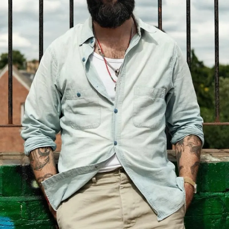 Men's Solid Color Single Breasted Lapel Denim Shirt 44380758X sold by Manly product image thumbnail 3