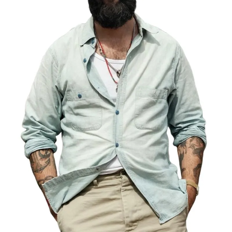 Men's Solid Color Single Breasted Lapel Denim Shirt 44380758X sold by Manly