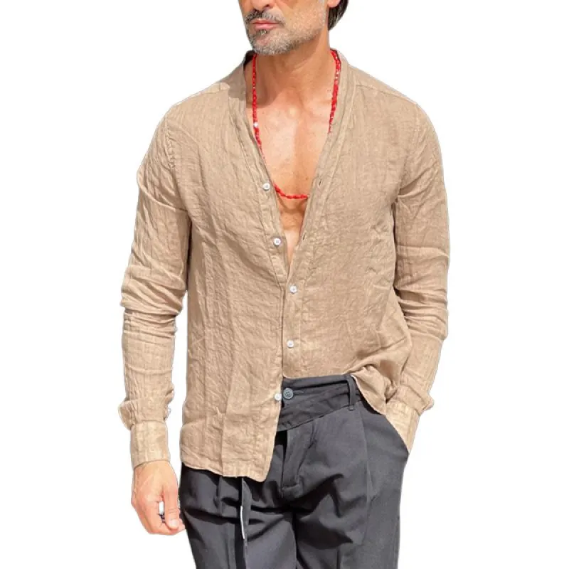 Men's Cotton And Linen Collarless Single-Breasted Long-Sleeved Shirt 38994878Y sold by Manly