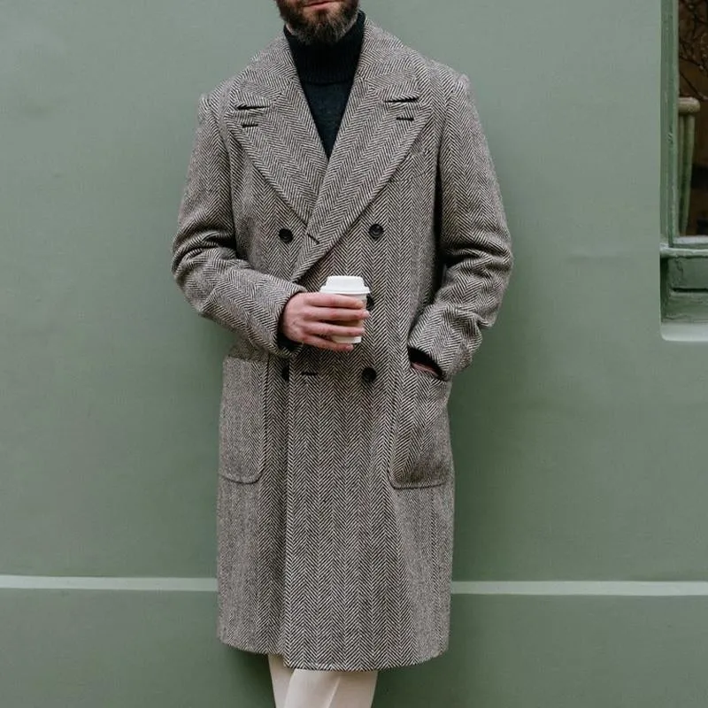 Men's Vintage Herringbone Lapel Double Breasted Slim Mid-length Coat 68525985M sold by Manly product image thumbnail 3