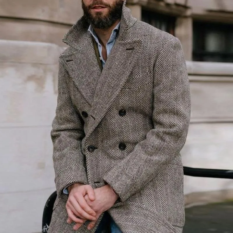 Men's Vintage Herringbone Lapel Double Breasted Slim Mid-length Coat 68525985M sold by Manly product image thumbnail 2