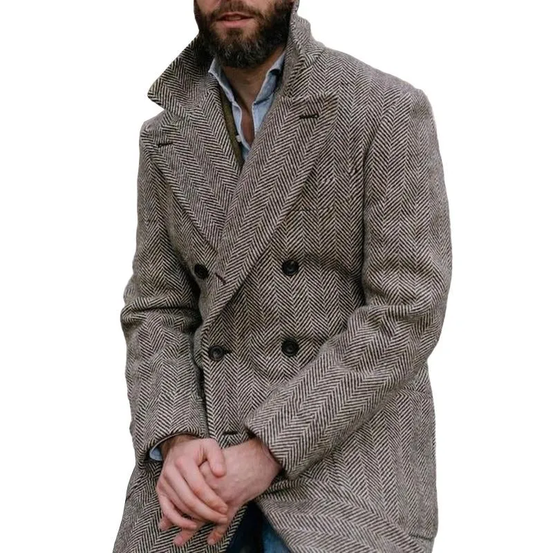 Men's Vintage Herringbone Lapel Double Breasted Slim Mid-length Coat 68525985M sold by Manly