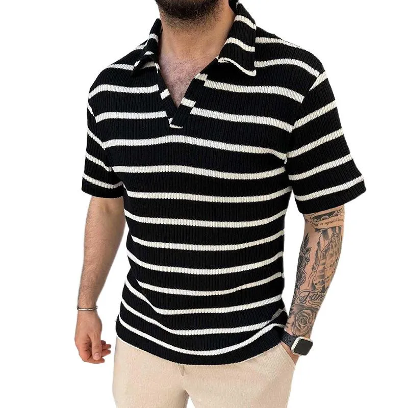 Men's Casual Color Striped Slim Fit Lapel Knit Short Sleeve Polo Shirt 04831831M sold by Manly