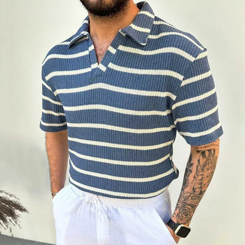 Men's Casual Color Striped Slim Fit Lapel Knit Short Sleeve Polo Shirt 04831831M sold by Manly product image thumbnail 2