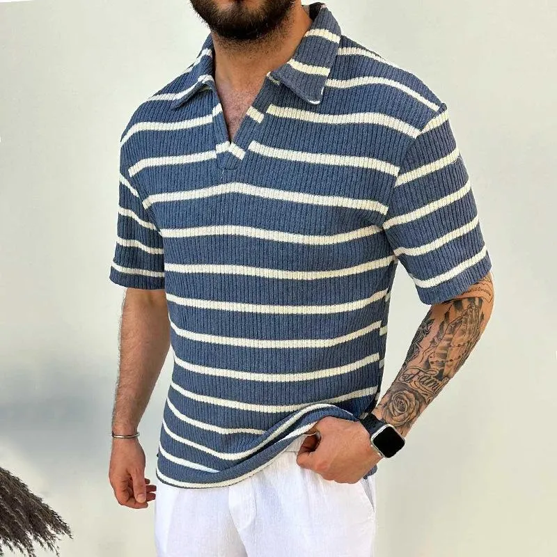 Men's Casual Color Striped Slim Fit Lapel Knit Short Sleeve Polo Shirt 04831831M sold by Manly product image thumbnail 3