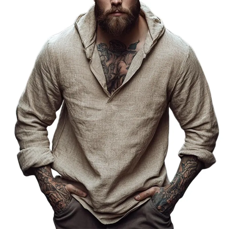 Men's Retro Casual Solid Color Cotton and Linen Hooded Long Sleeve Shirt 46632446TO sold by Manly