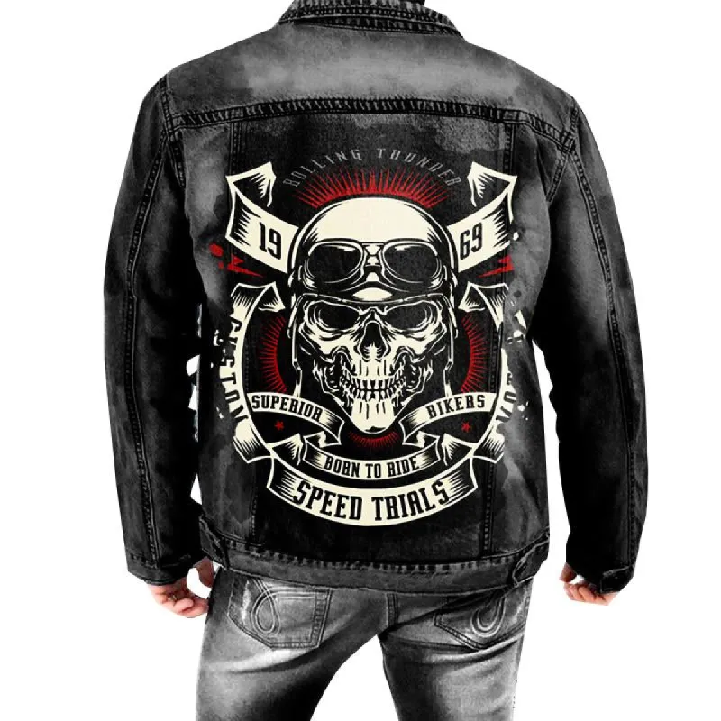 Men's Vintage Biker Skull Print Washed Distressed Denim Jacket 78182390Y sold by Manly