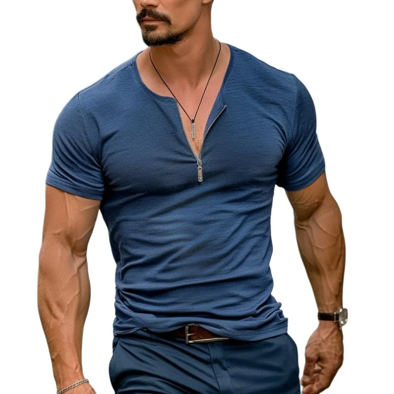 Men's Solid Color Zipper V-Neck Short-Sleeved T-Shirt 10765320Y sold by Manly