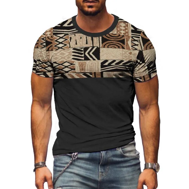Men's Retro Ethnic Color-blocked Short-sleeved T-shirt 15268816TO sold by Manly
