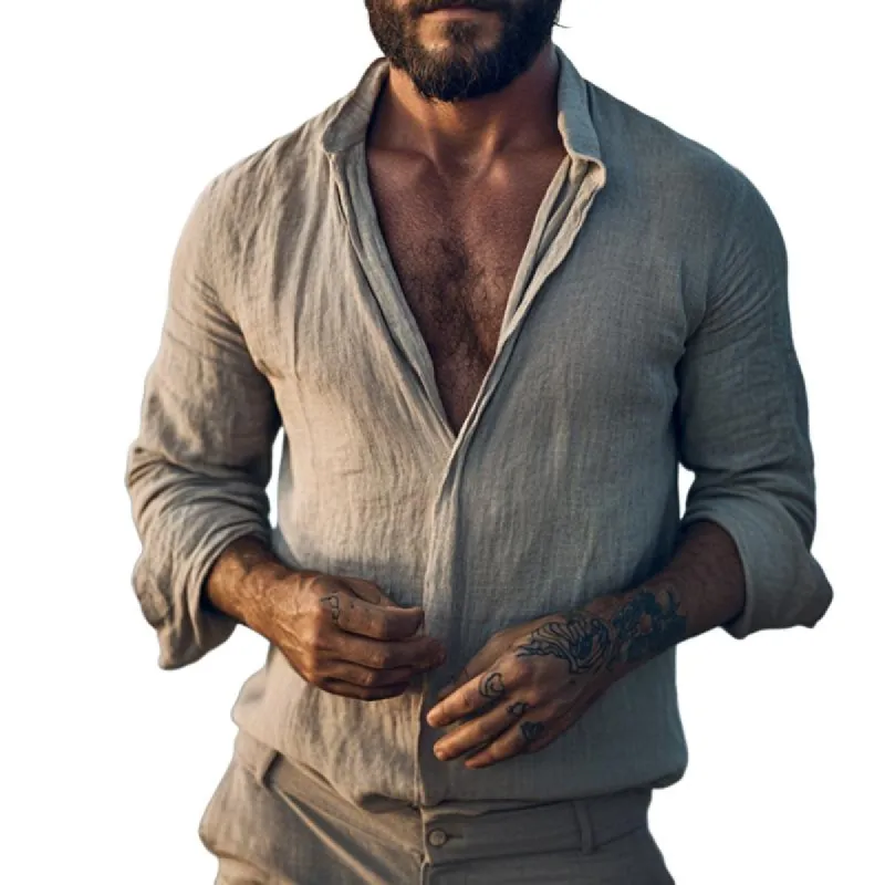 Men's Retro Casual Cotton and Linen Stand Collar Long Sleeve Shirt 94946181TO sold by Manly
