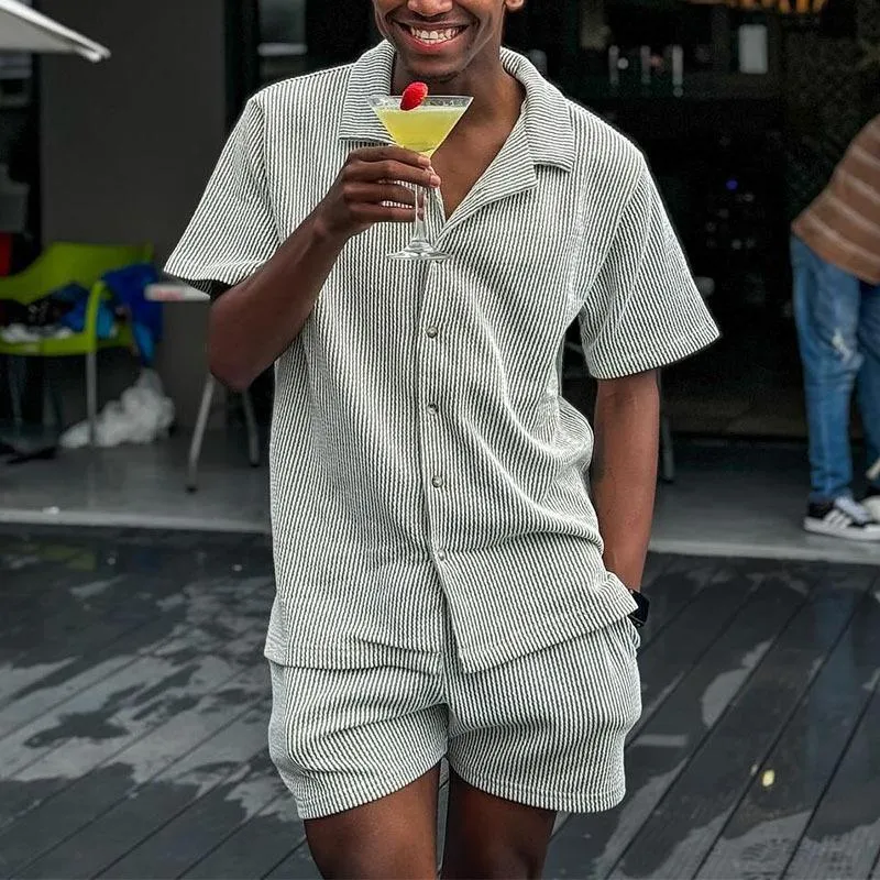 Men's Casual Striped Short Sleeve Shirt Shorts Set 52693599Y sold by Manly product image thumbnail 3