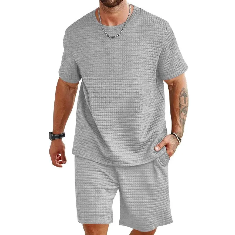 Men's Casual Checkered Jacquard Loose Round Neck T-Shirt Shorts Set 75909764M sold by Manly