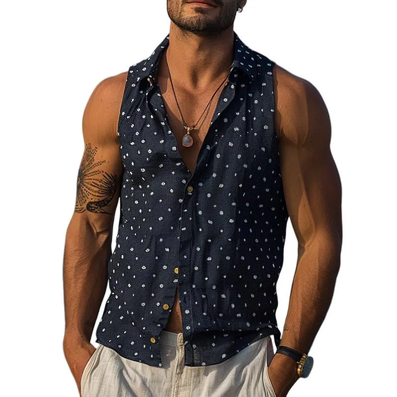 Men's Casual Polka Dot Sleeveless Lapel Tank Top 27176807TO sold by Manly