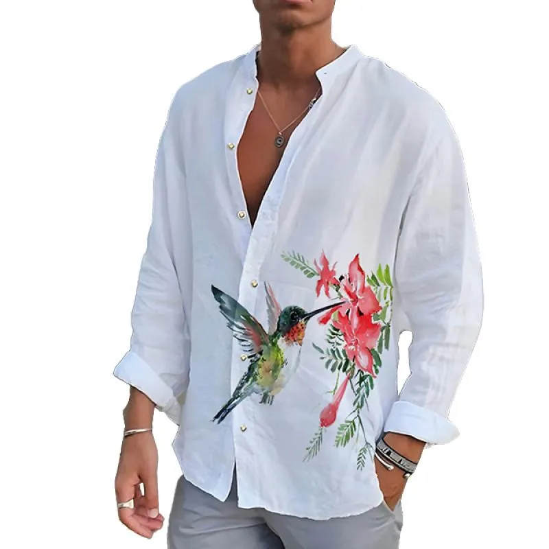 Men's Casual Stand Collar Printed Loose Long Sleeve Shirt 37548206M sold by Manly