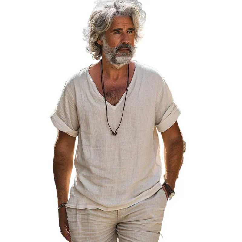 Men's Cotton and Linen V-neck Raw Edge Short-sleeved T-shirt 19300984X sold by Manly