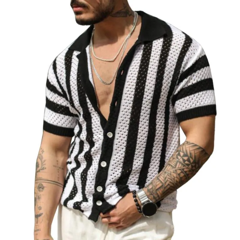 Men's Casual Striped Loose Hollow Short-Sleeved Knitted Polo Shirt 02231229M sold by Manly