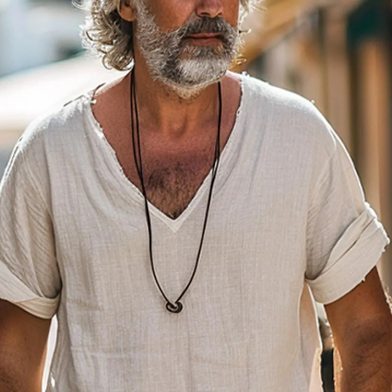 Men's Cotton and Linen V-neck Raw Edge Short-sleeved T-shirt 19300984X sold by Manly product image thumbnail 3