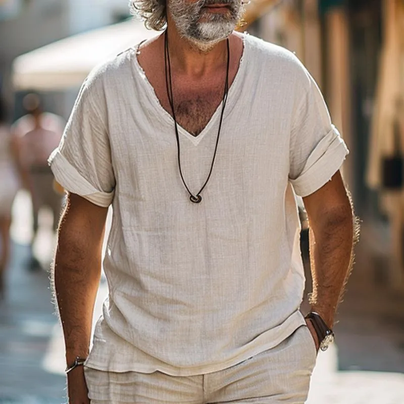 Men's Cotton and Linen V-neck Raw Edge Short-sleeved T-shirt 19300984X sold by Manly product image thumbnail 2