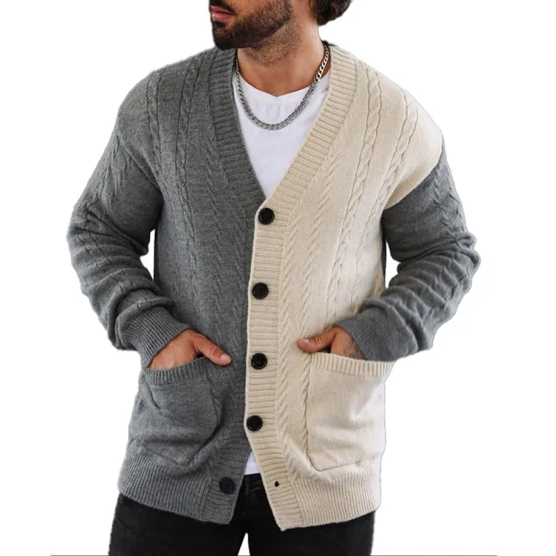 Men's Retro Colorblock V-Neck Cardigan Knitted Jacket 20100926X sold by Manly