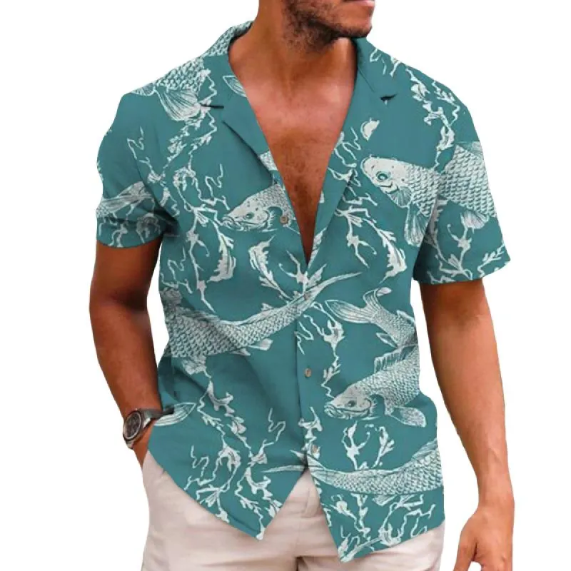 Men's Casual Lucky Carp Cuban Collar Short Sleeve Shirt 82877322TO sold by Manly
