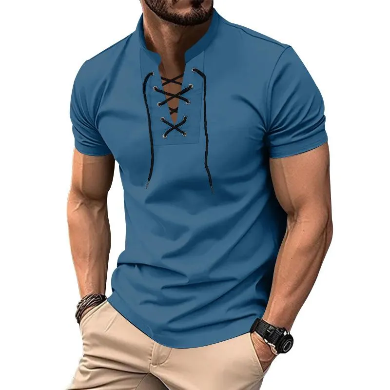 Men's Solid Color Lace-up V Neck Short Sleeve T-shirt 79653773Z sold by Manly