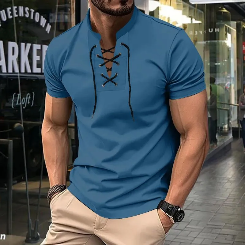 Men's Solid Color Lace-up V Neck Short Sleeve T-shirt 79653773Z sold by Manly product image thumbnail 5