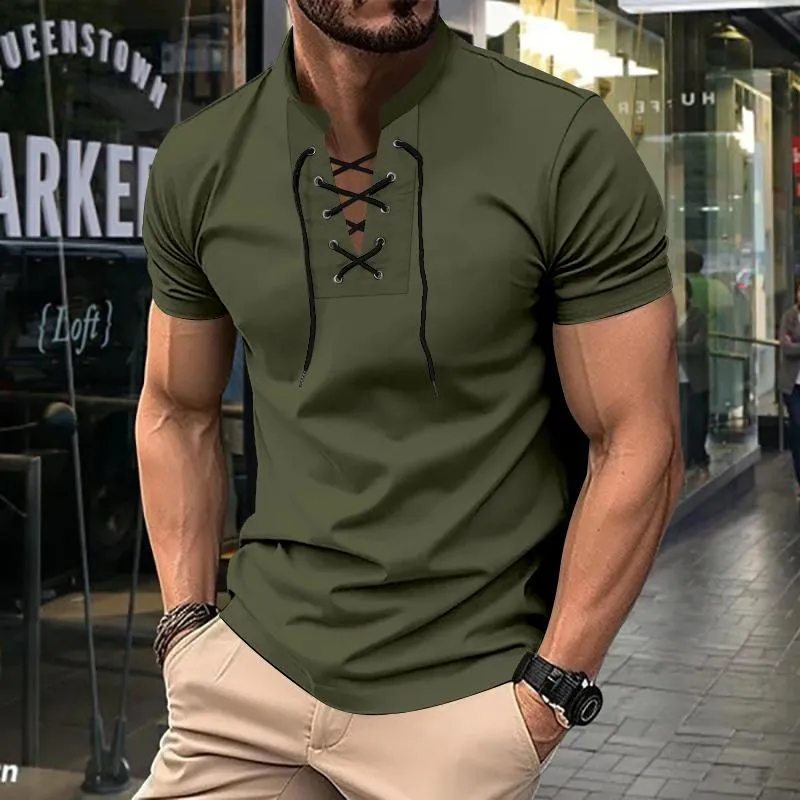 Men's Solid Color Lace-up V Neck Short Sleeve T-shirt 79653773Z sold by Manly product image thumbnail 4