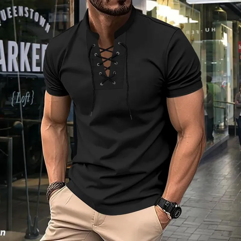 Men's Solid Color Lace-up V Neck Short Sleeve T-shirt 79653773Z sold by Manly product image thumbnail 3